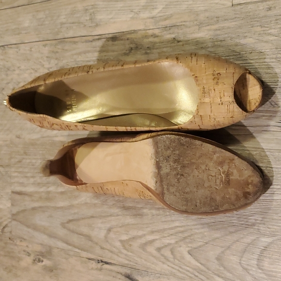 Stuart Weitzman Logo Plainfield Natural Cork Peep Toe Platform Pump - Picture 7 of 9